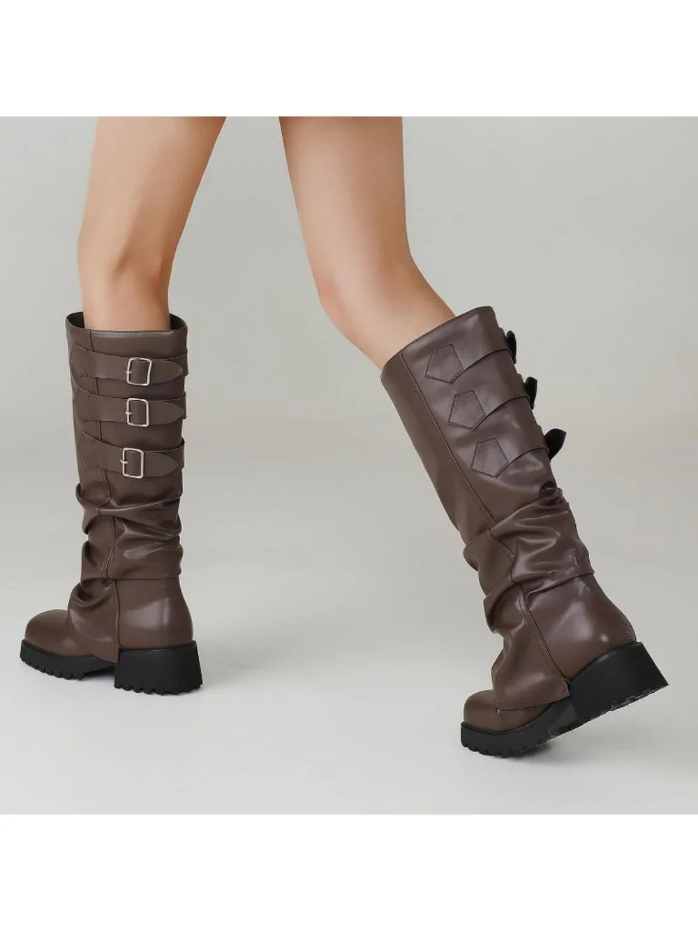 Women's Dark Brown Adjustable Buckle Low Chunky Heel Square Toe Knee High Boots
